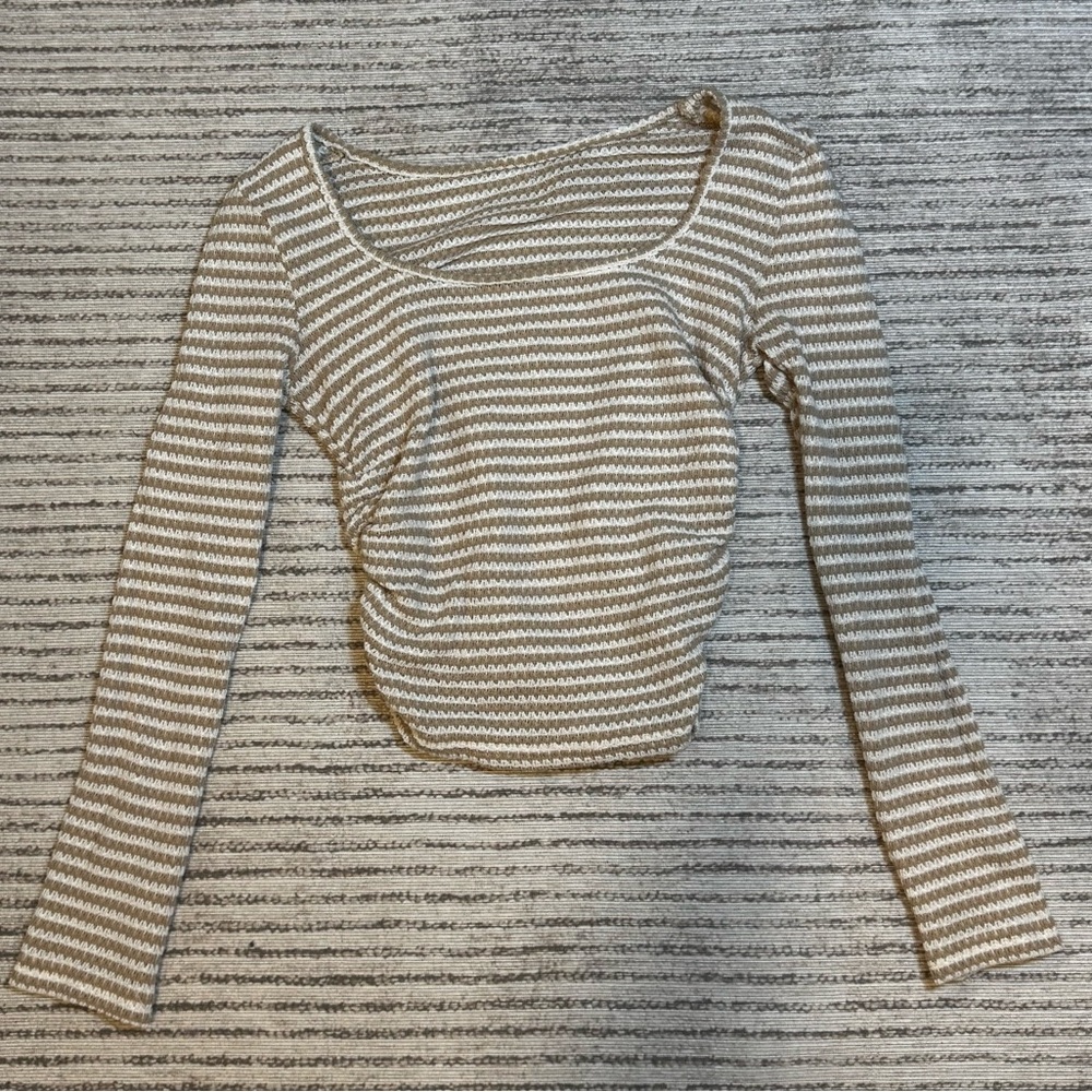 Shein Beige Ribbed Striped Long Sleeve Fitted Top Small - Picture 2 of 7
